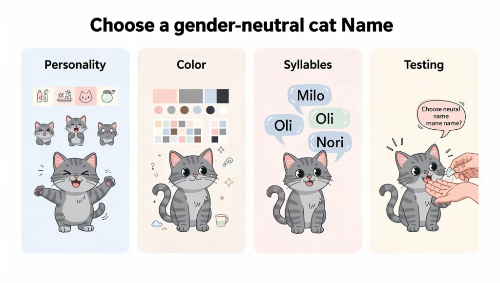 Unisex Cat Names: Infographic showing how to choose a unisex cat name in 4 steps