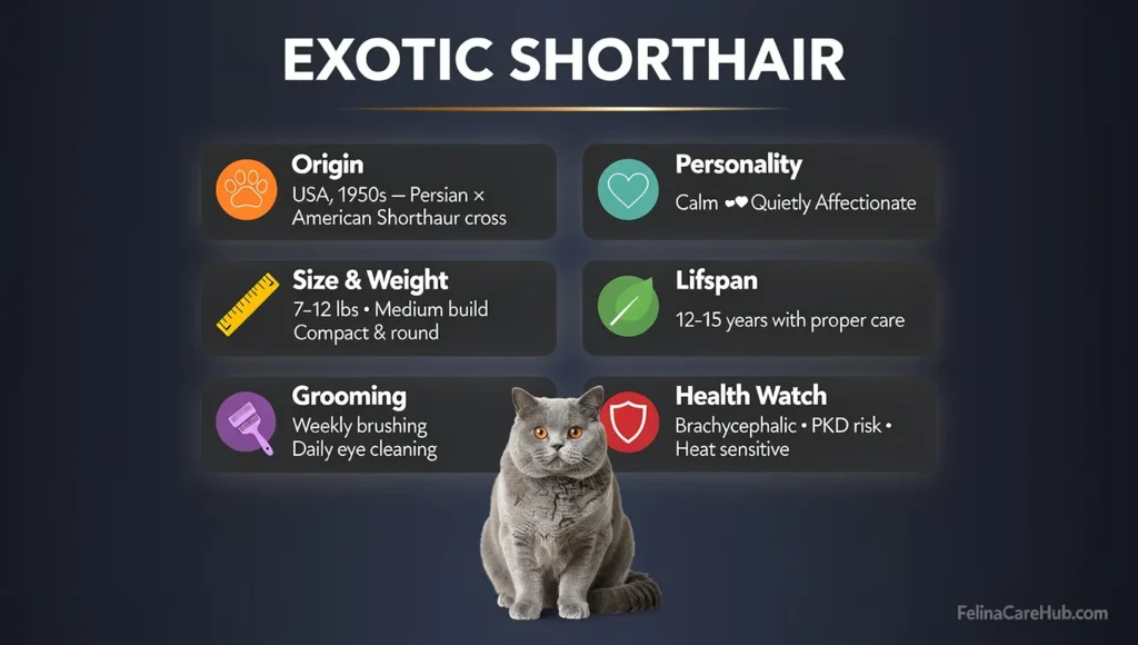 Infographic — Exotic Shorthair at a Glance: breed origin, key traits, coat type,