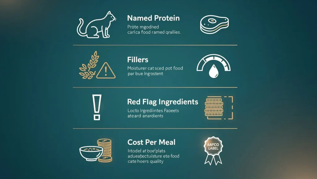 Best Affordable Cat Food: Affordable vs cheap cat food infographic showing protein quality and red flag ingredients