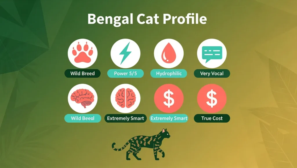 Bengal cat breed infographic — personality, cost, energy level, and key traits