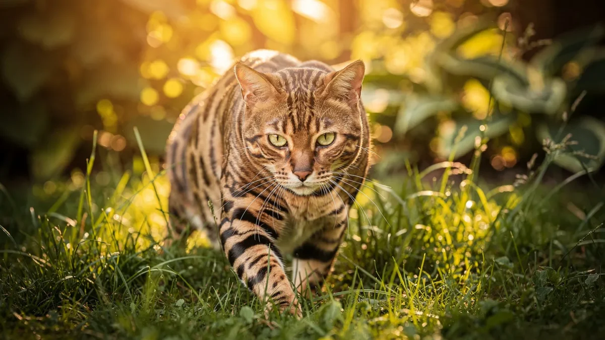 Bengal cat outdoors in natural grass — wild spotted coat in golden hour light