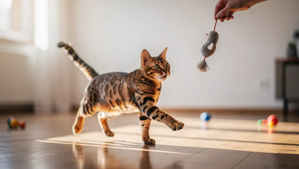 Bengal cat playing indoors — high energy leap caught mid-air