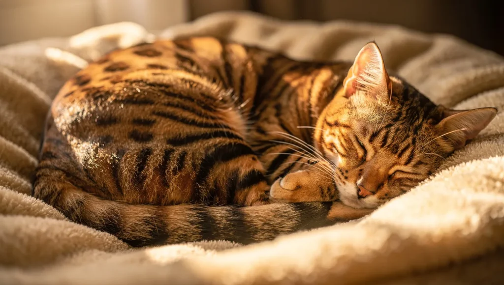 Bengal cat resting on soft blanket — close-up of spotted coat in warm light
