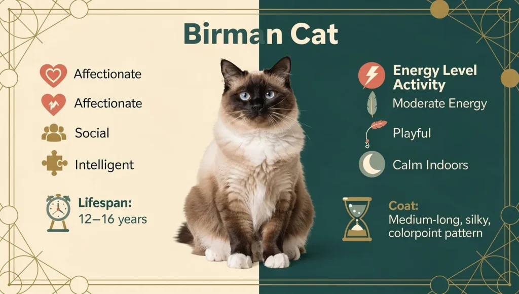 Birman cat breed infographic — personality, size, care level