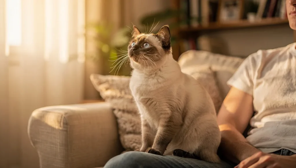 Birman cat sitting close to owner indoors — affectionate companion