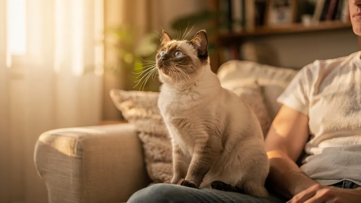 Birman cat sitting close to owner indoors — affectionate companion