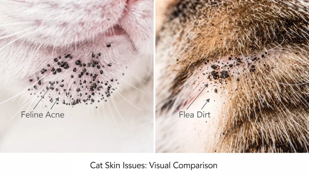 Cat Chin Blackheads:  Cat chin acne vs flea dirt vs debris comparison