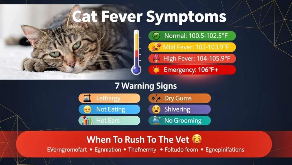 Cat fever symptoms infographic showing temperature danger levels and 7 warning signs