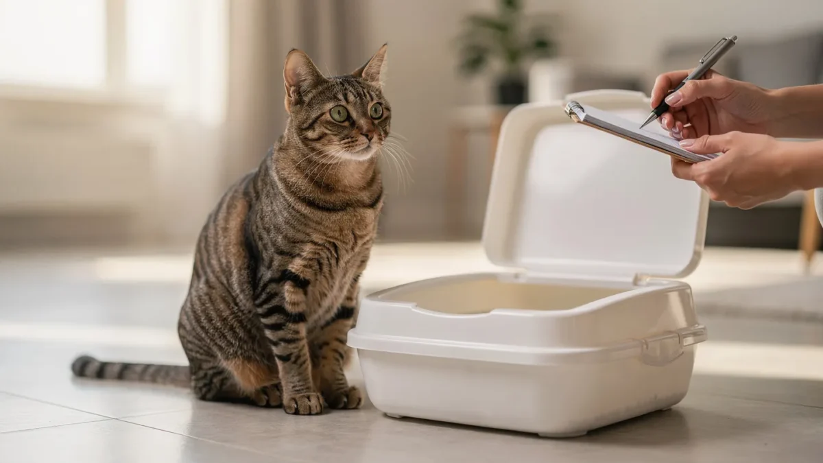 cat near litter box showing symptoms of worms