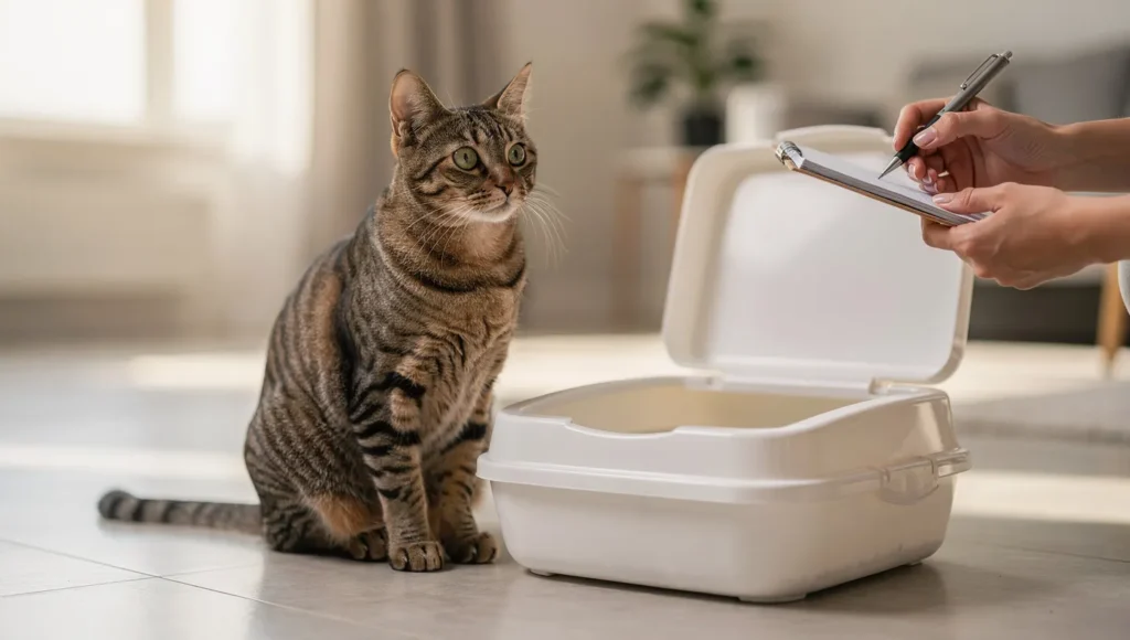cat near litter box showing symptoms of worms