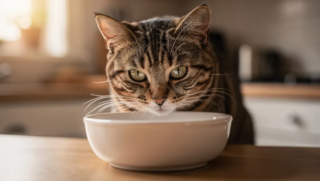 Curious cat looking into food bowl at home