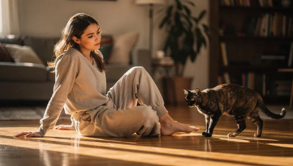 Person calmly giving space to an aggressive cat