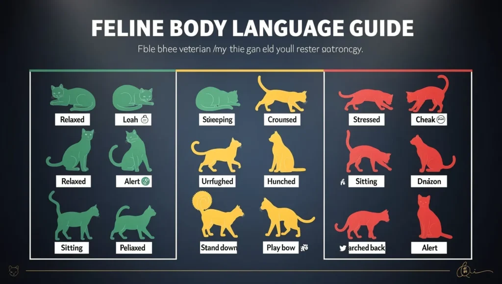 Cat posture meaning infographic showing 17 body positions