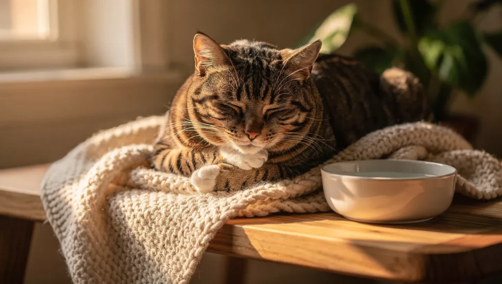 Cat resting comfortably on soft blanket near water bowl during fever recovery at home