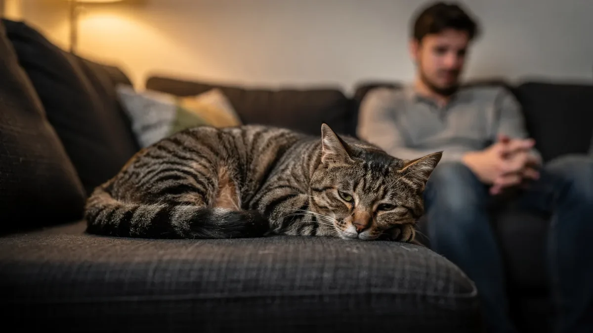 Cat lying lethargic on couch showing signs of fever with worried owner in background