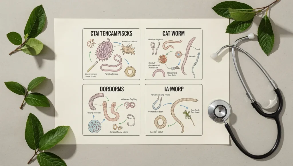 visual comparison of cat worm types roundworm tapeworm