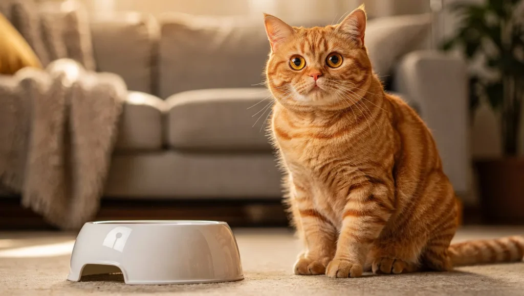 Funny chubby cat sitting next to empty food bowl looking hungry