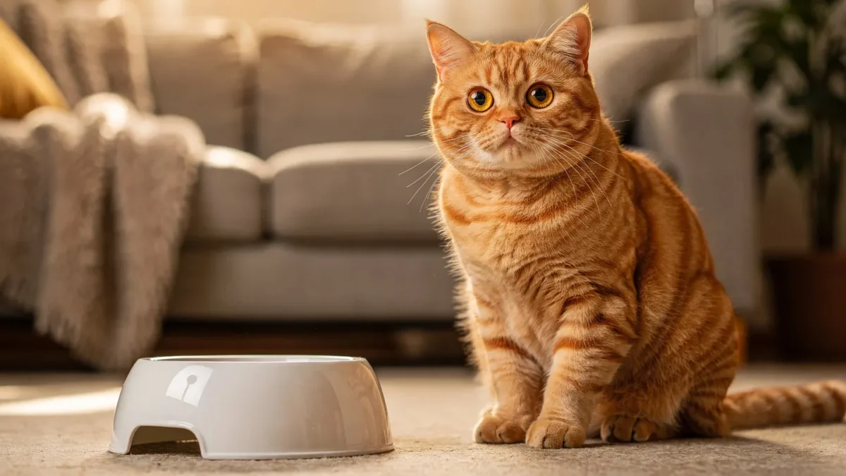 Funny chubby cat sitting next to empty food bowl looking hungry