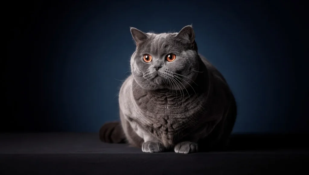 Exotic Shorthair cat sitting calmly with round copper eyes
