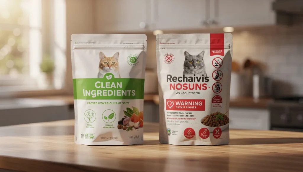 Good vs bad dry cat food label comparison