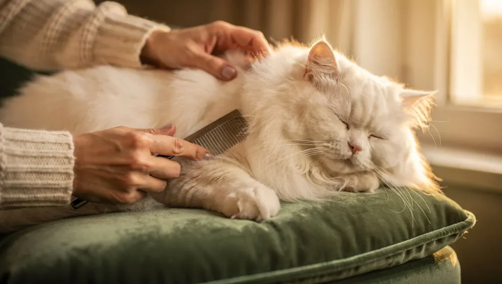 Persian cat being gently groomed at home