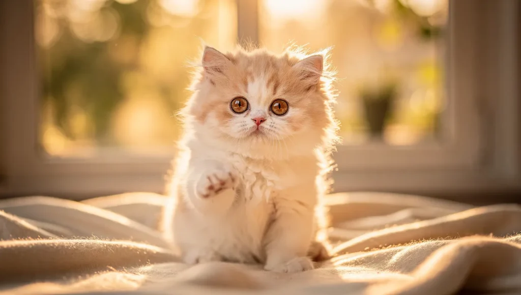 Fluffy Persian kitten sitting on soft blanket 