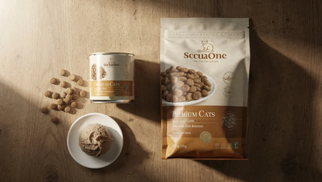 Wet cat food can vs dry cat food bag side by side comparison
