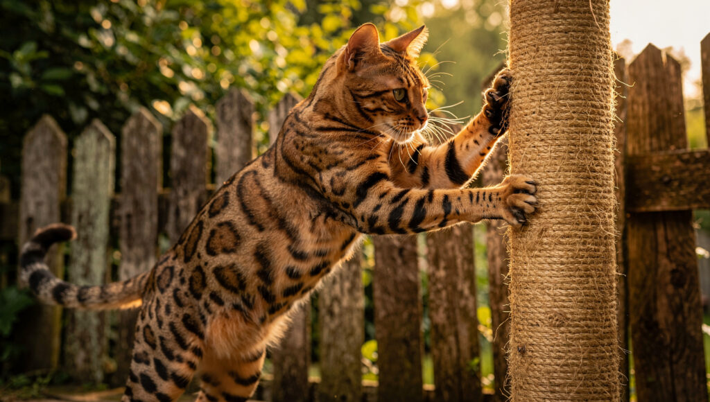  Bengal cat aggressively scratching tall sisal post in natural outdoor setting 