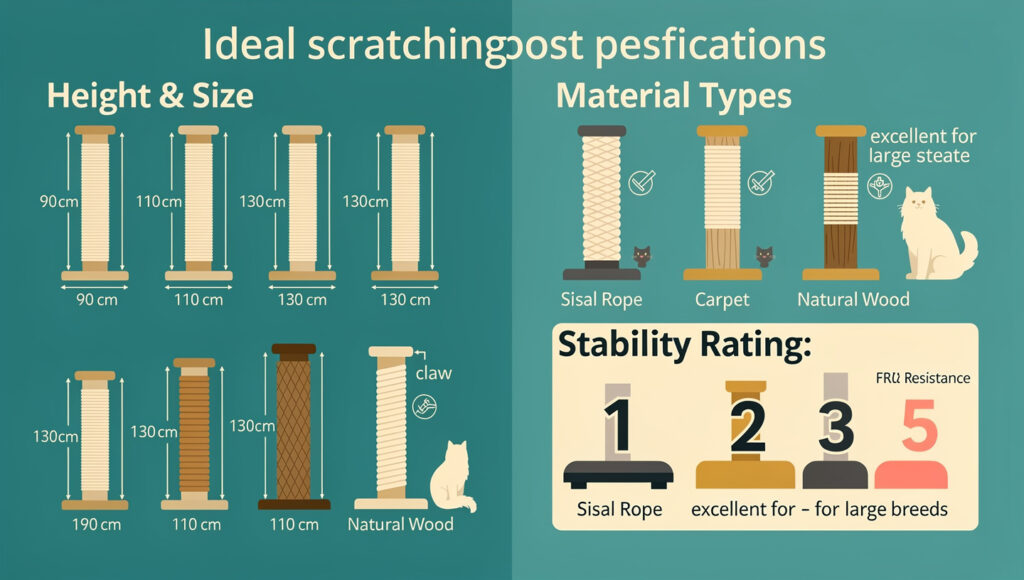  Infographic showing ideal height and base dimensions for large cat scratching posts 