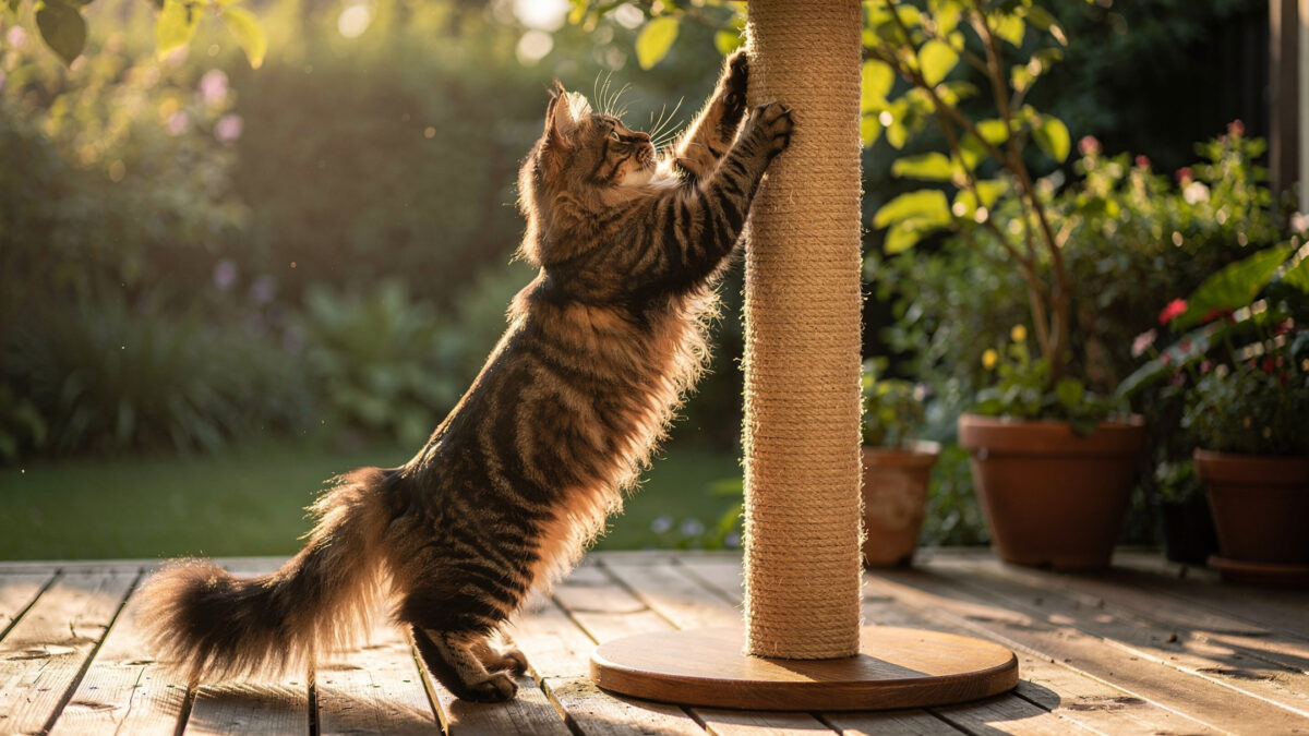 Maine Coon cat using tall sisal scratching post outdoors