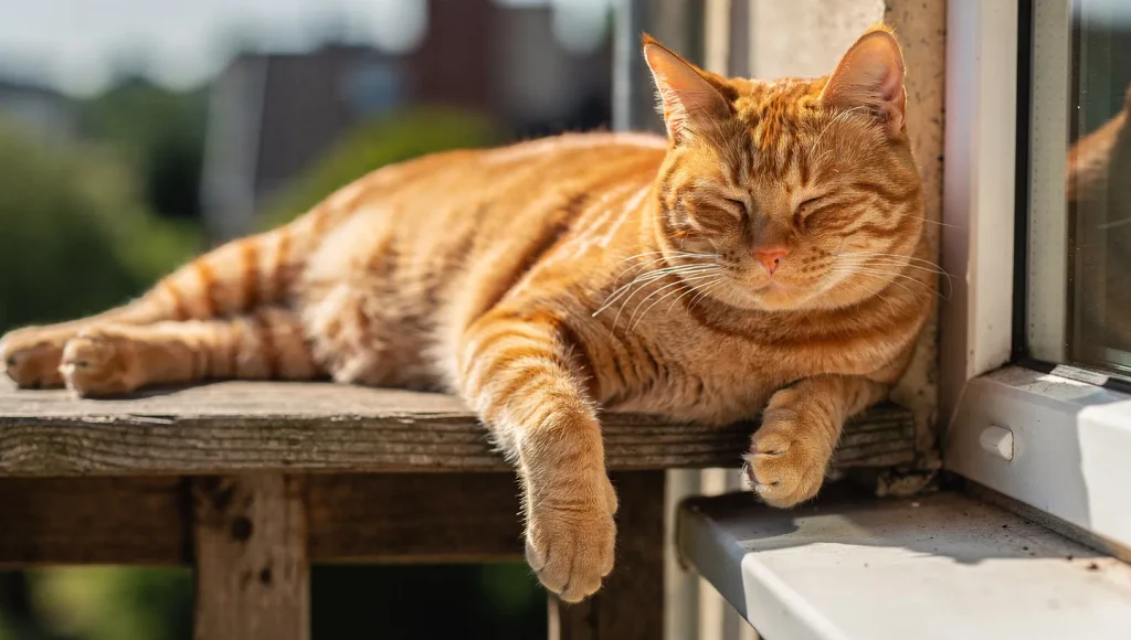 Cat relaxing in natural sunlight on an outdoor porch