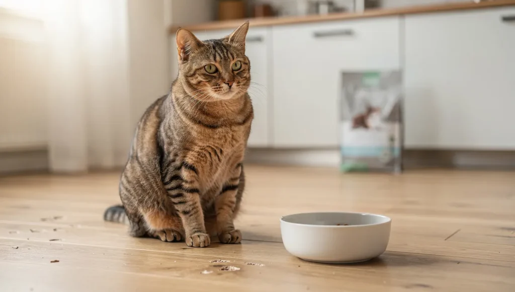 Is Royal Canin a Good Cat Food: Cat food bowl beside a Royal Canin package during a cat food review