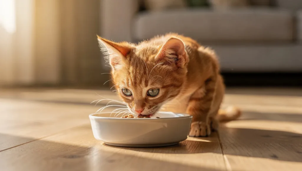 Young kitten eating from a food bowl indoors in natural light