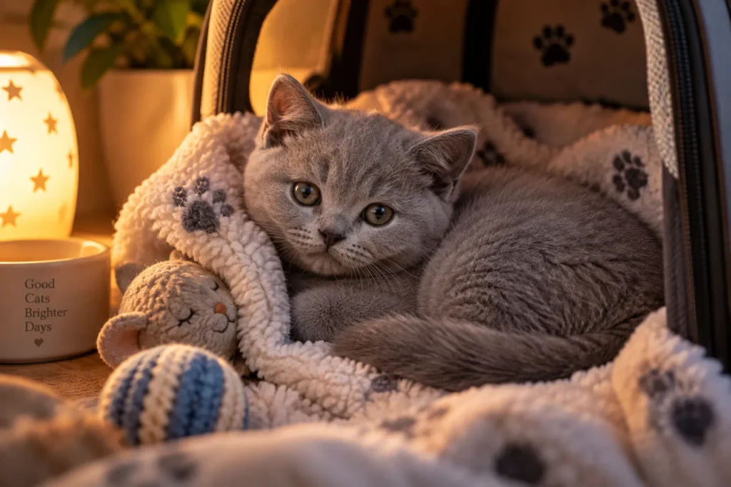 British Shorthair kitten resting in a cozy first-night safe space
