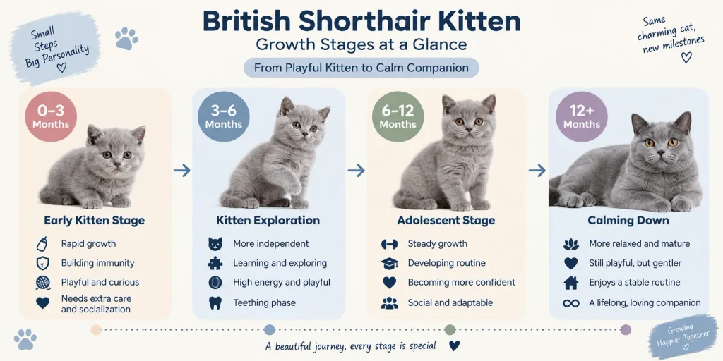 British Shorthair kitten growth timeline infographic 0-12 months