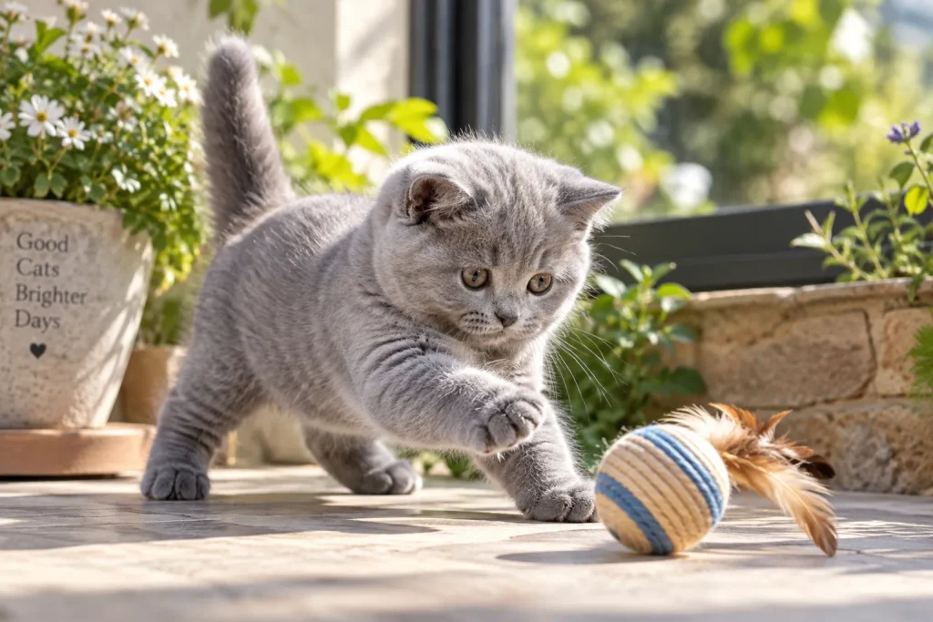 British Shorthair kitten playing outdoors in natural light