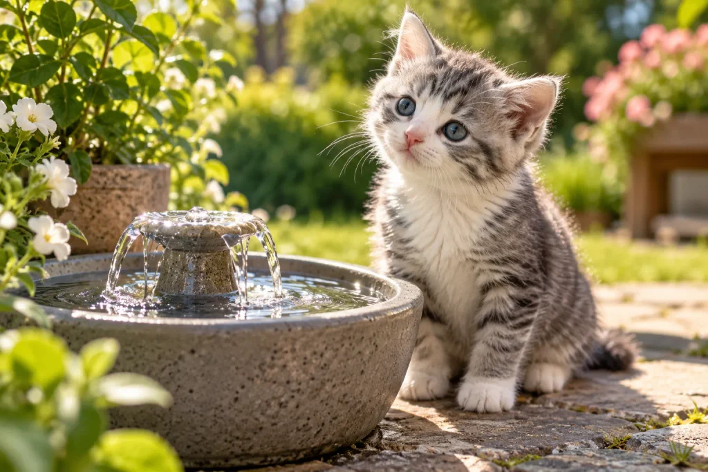 Cat outdoors near a natural water source in daylight