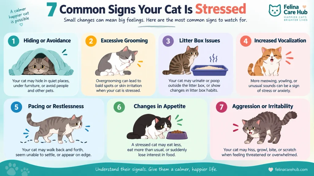 Cat Stress and Anxiety: Infographic showing 7 signs of stress in cats