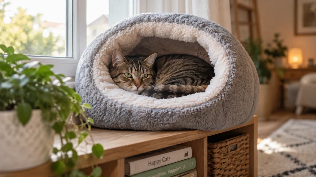 Cat Stress and Anxiety: Cat resting safely in a covered bed in a quiet corner of a home