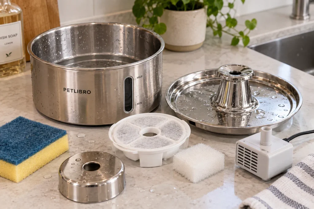 Close-up of cat water fountain parts being cleaned