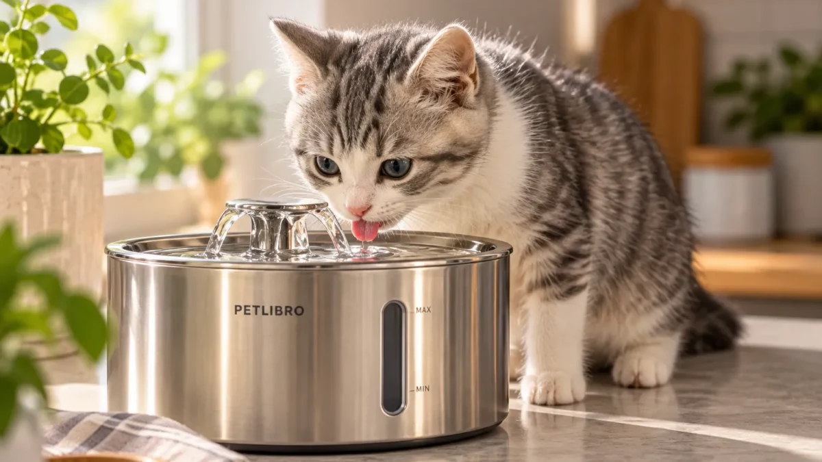 Cat drinking from a stainless steel cat water fountain indoors