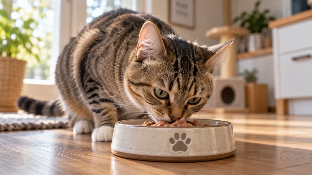 Cat eating wet food from a bowl at home in natural daylight