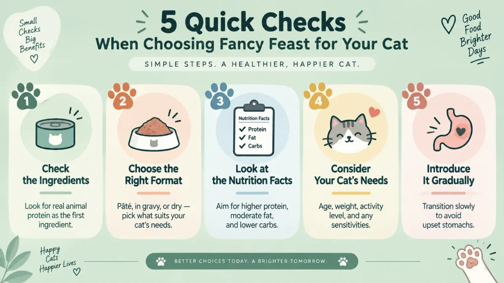 Checklist graphic for choosing the right Fancy Feast recipe for a cat