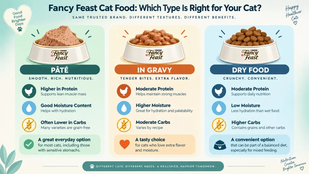 Infographic comparing Fancy Feast Pâté, Gravy, and Dry cat food formats